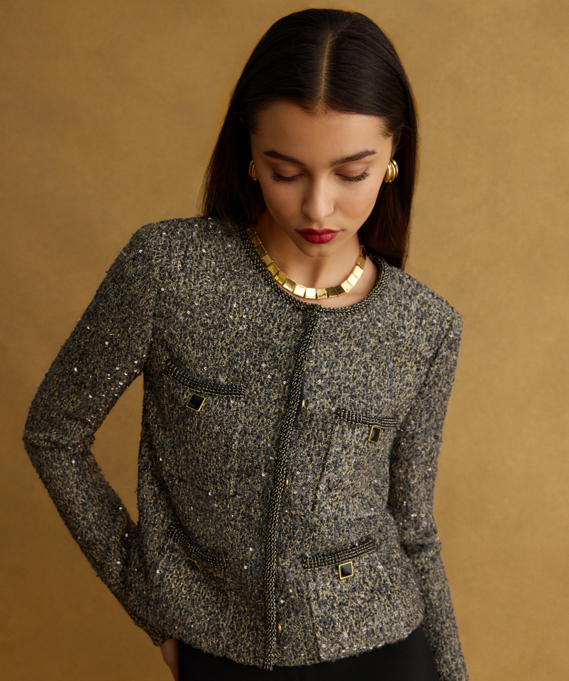 Wedding guest wearing st john knits jacket at engagement party