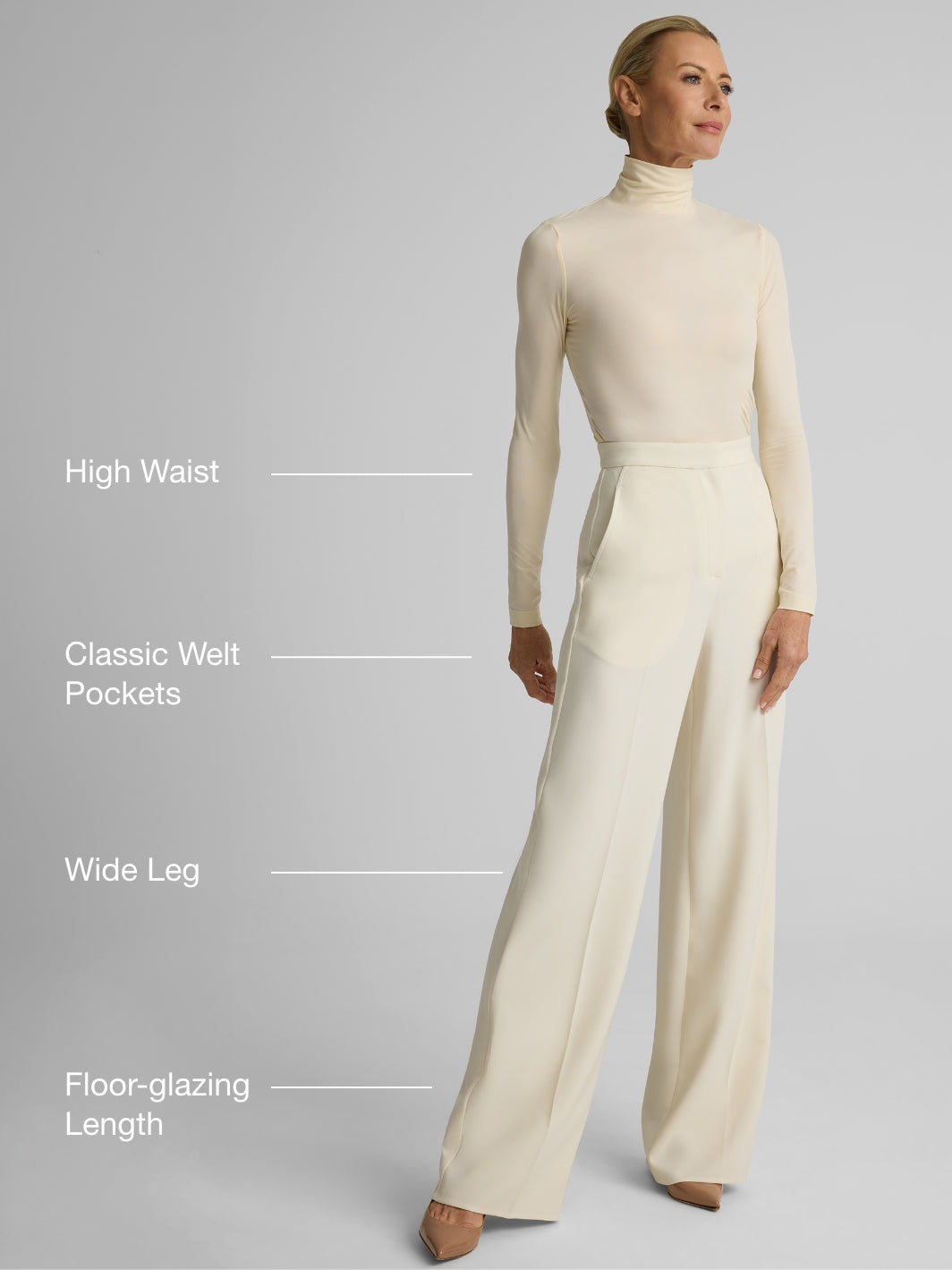 Model wearing The Maddie pants in Ecru: High Waist, Classic Welt Pockets, Wide Leg, Floor-Glazing Length