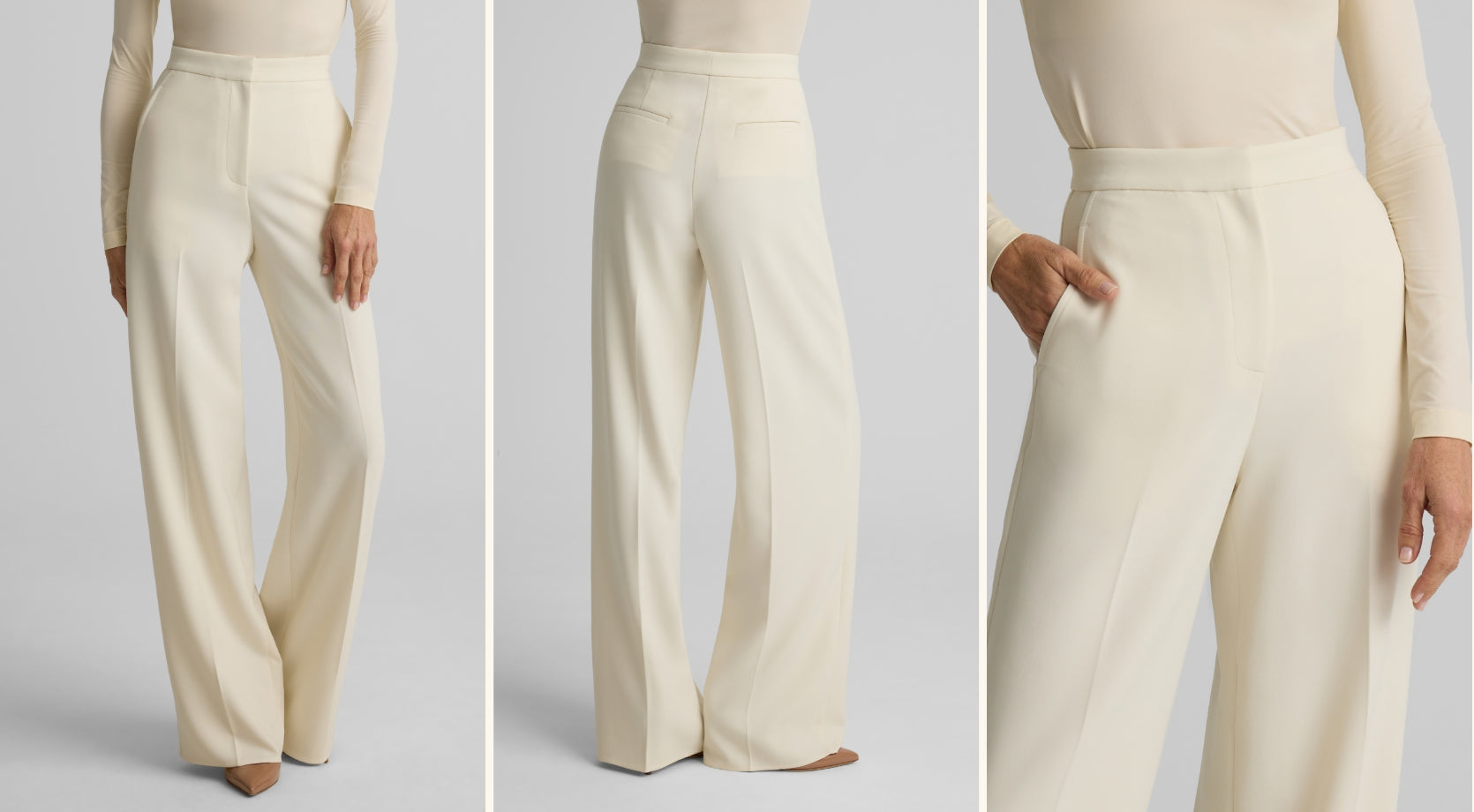 The maddie pants in Ecru shown three different views.