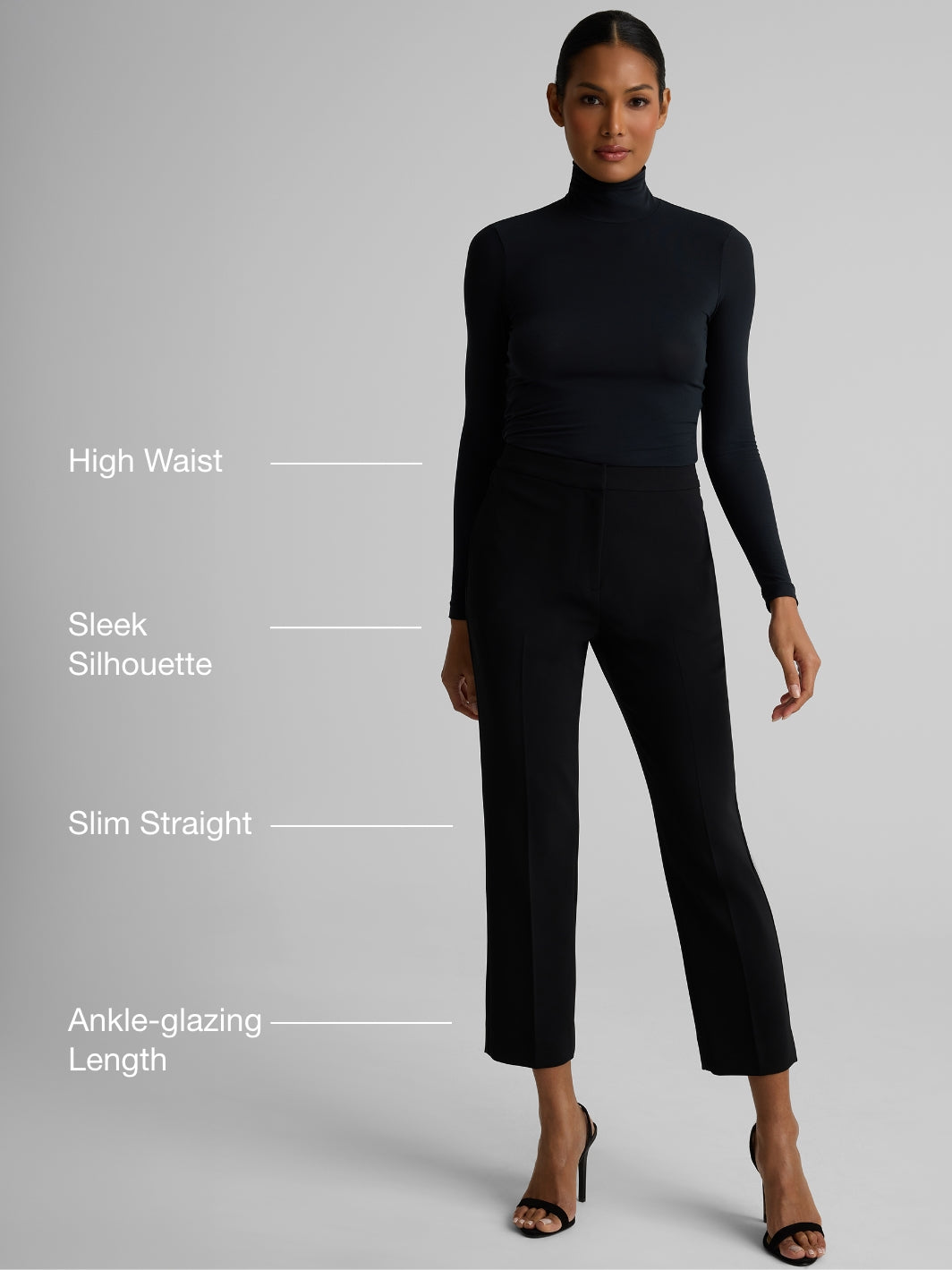 Woman wearing the Isabel pants in back with text features on a gray background