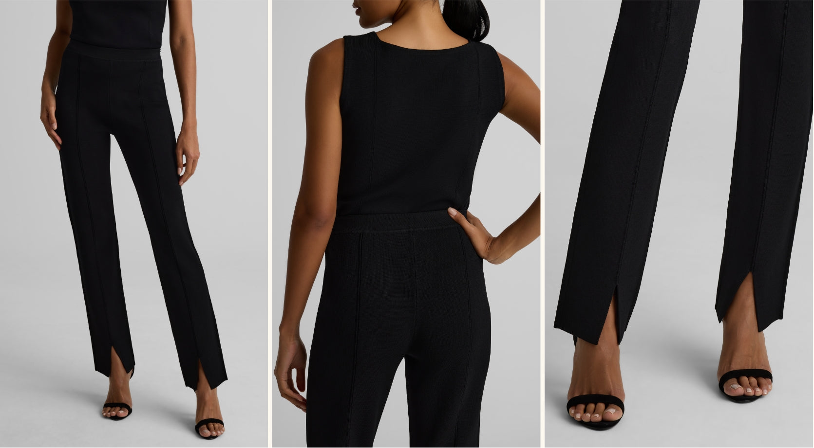 The Dani pants in black shown three different views