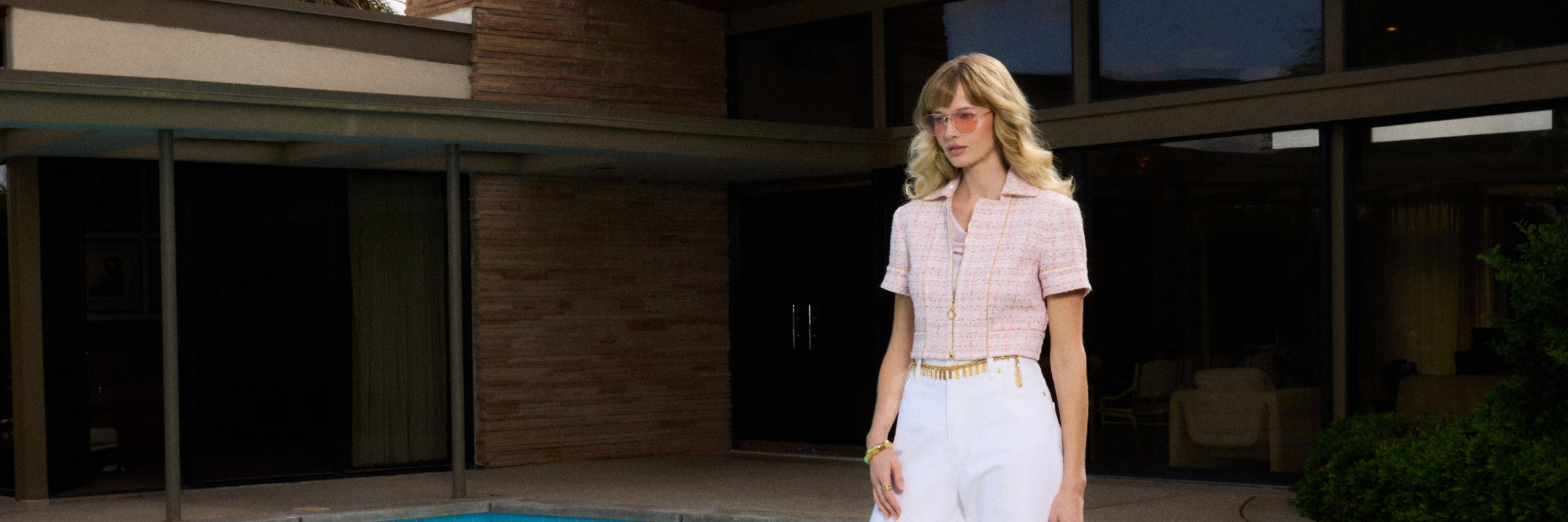 Woman wearing St John Knits Pink Tweed Jacket from Spring 2025 collection