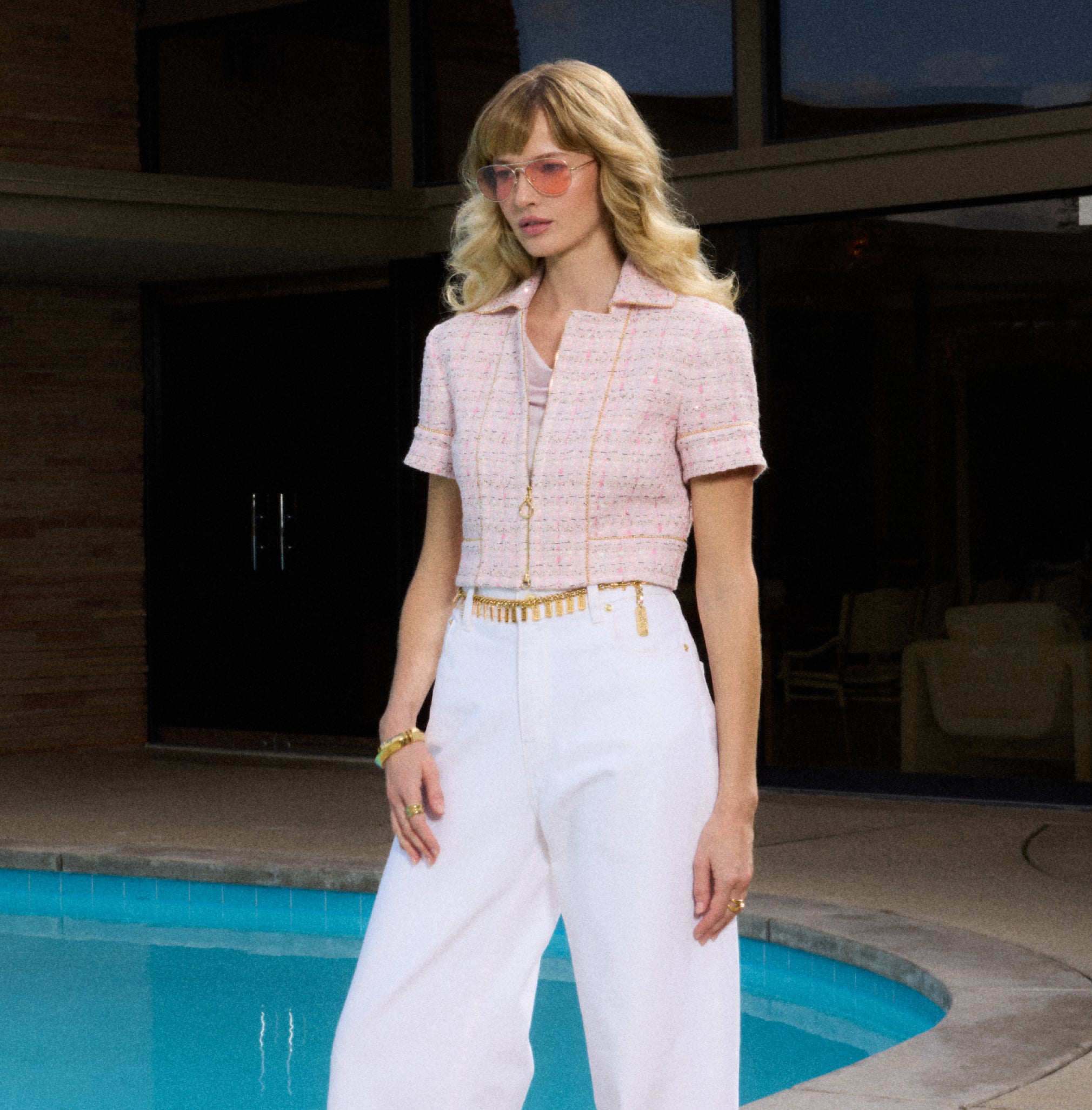Woman wearing St John Knits Pink Tweed Jacket from Spring 2025 collection