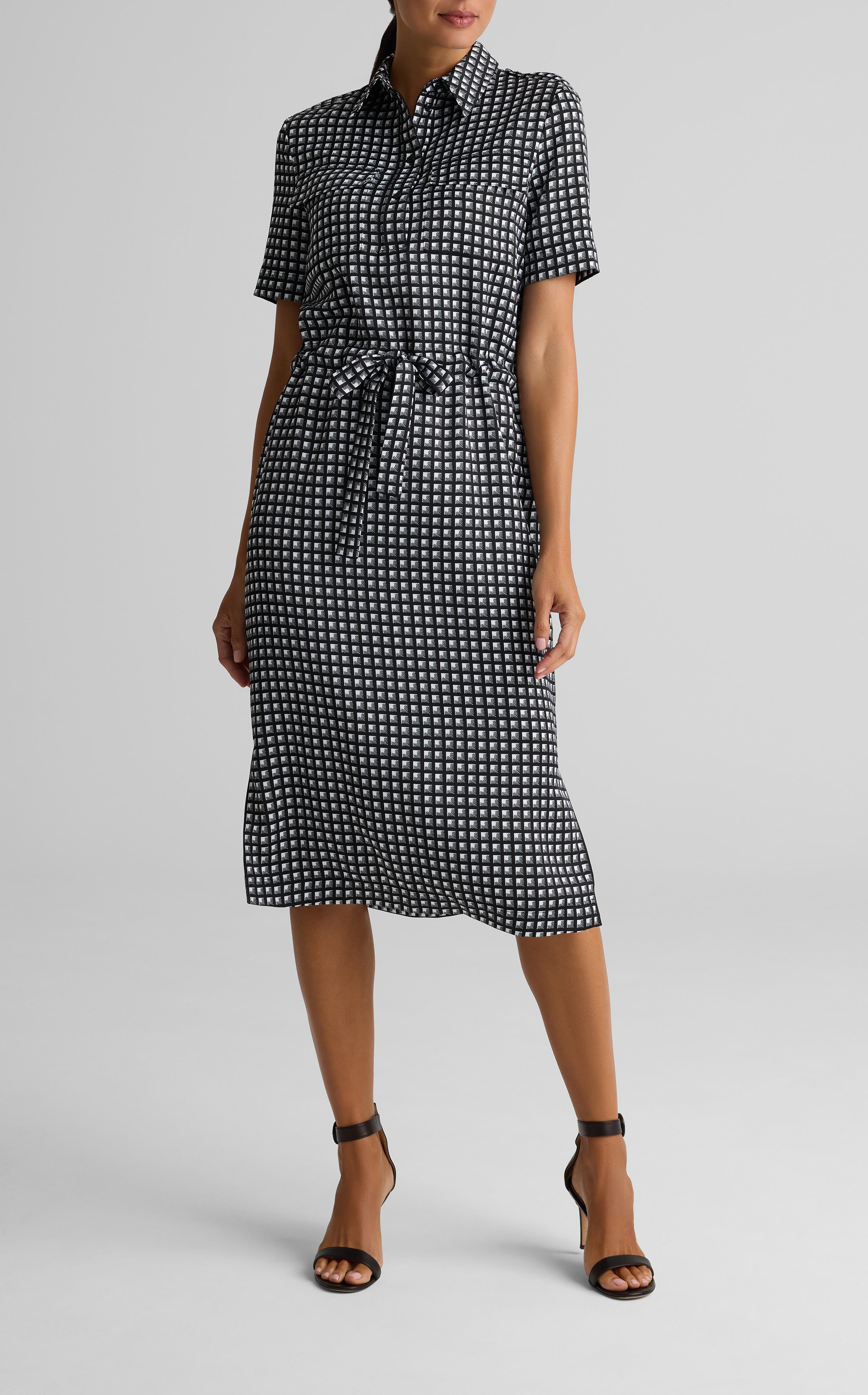Grid Print Short Sleeve Pocket Dress