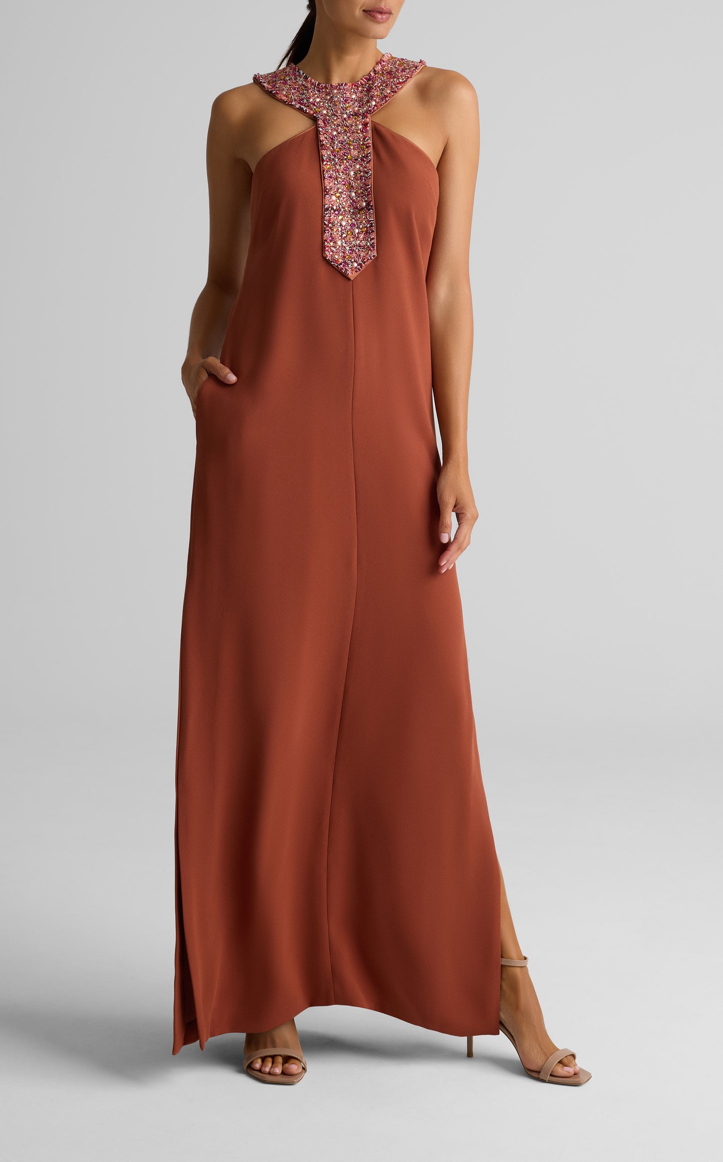 Satin Back Crepe Embellished Collar Dress