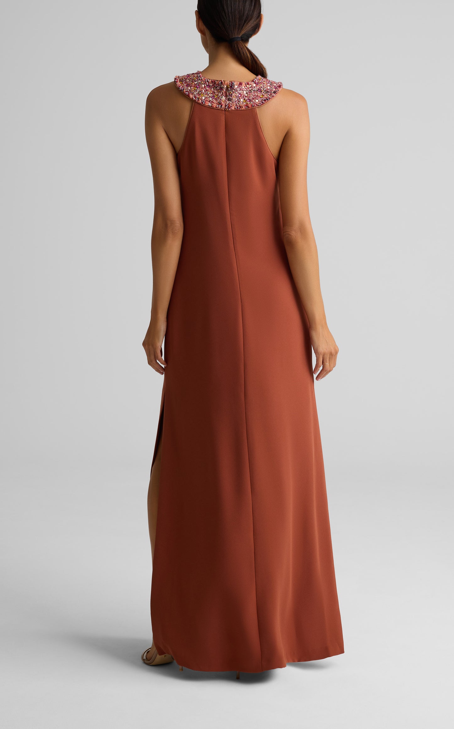 Satin Back Crepe Embellished Collar Dress