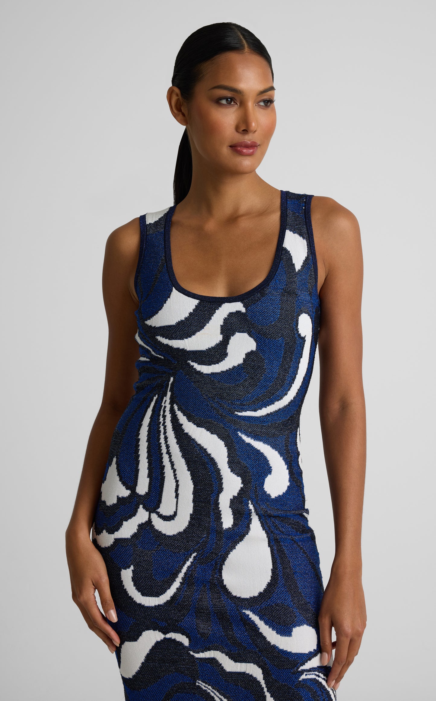 Lynn Dress In Mid Century Scroll Jacquard Knit
