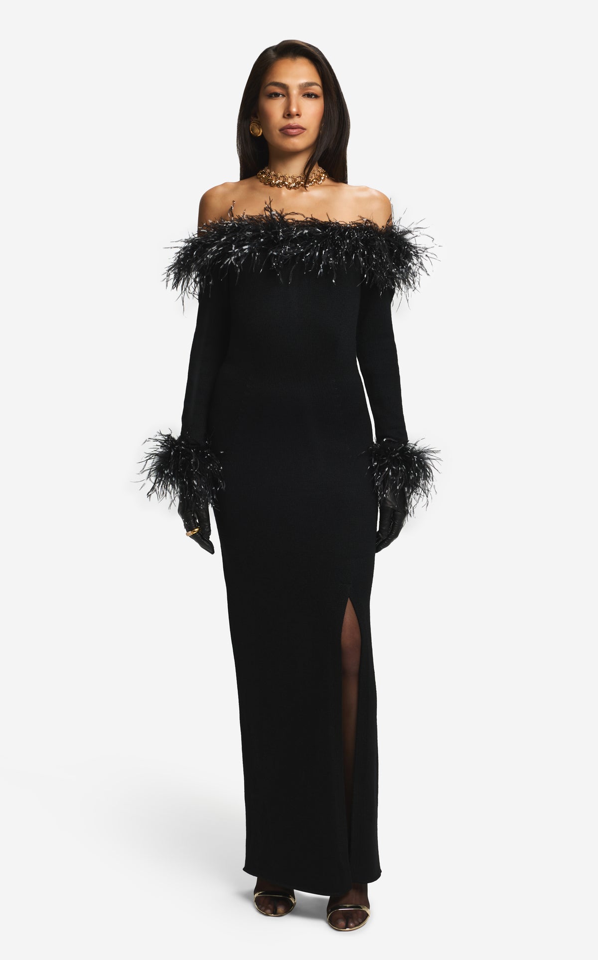 Gown in Merino Knit with Feathers