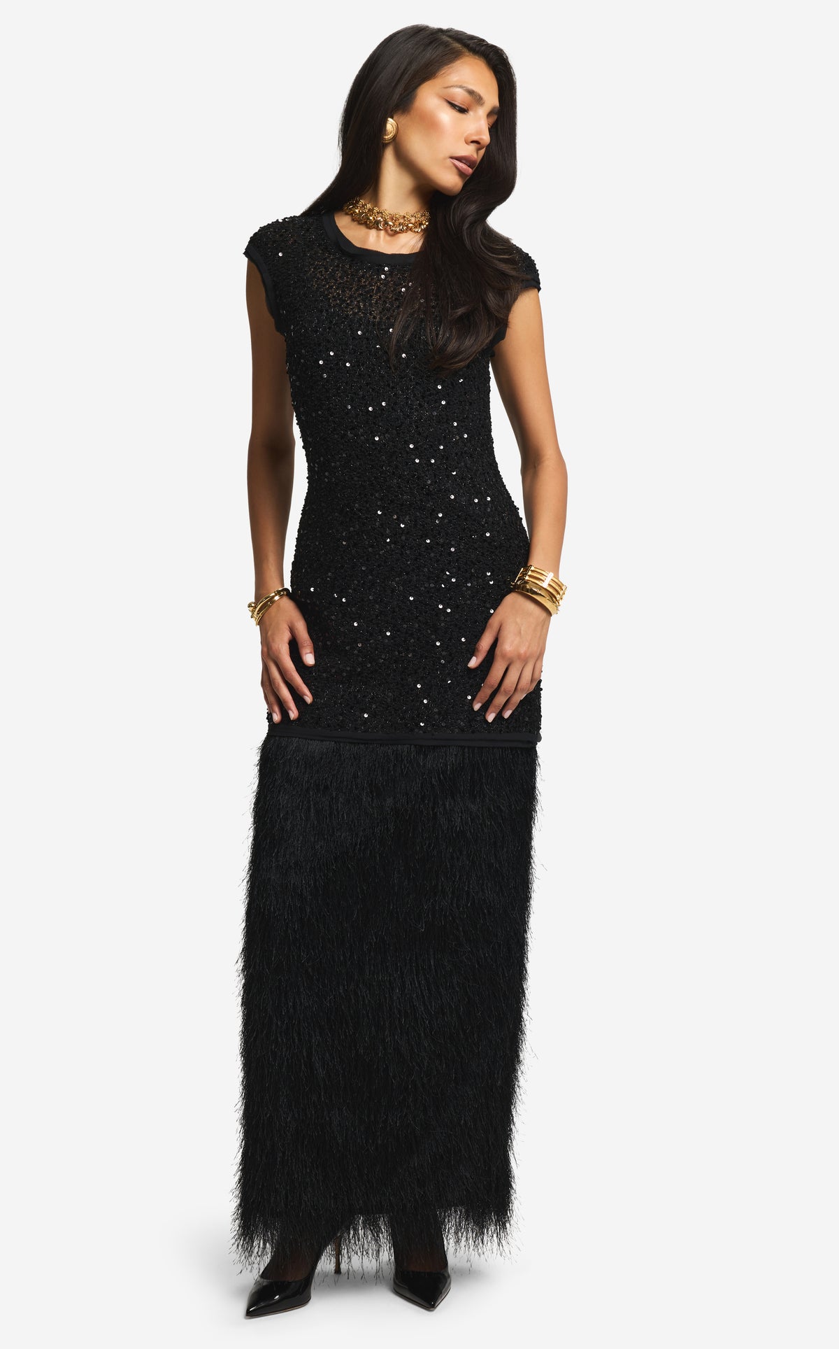 Dress in Sequin Tweed & Fringe