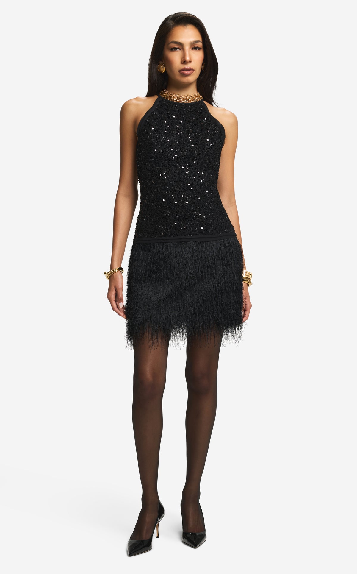 Short Dress in Sequin Tweed & Fringe