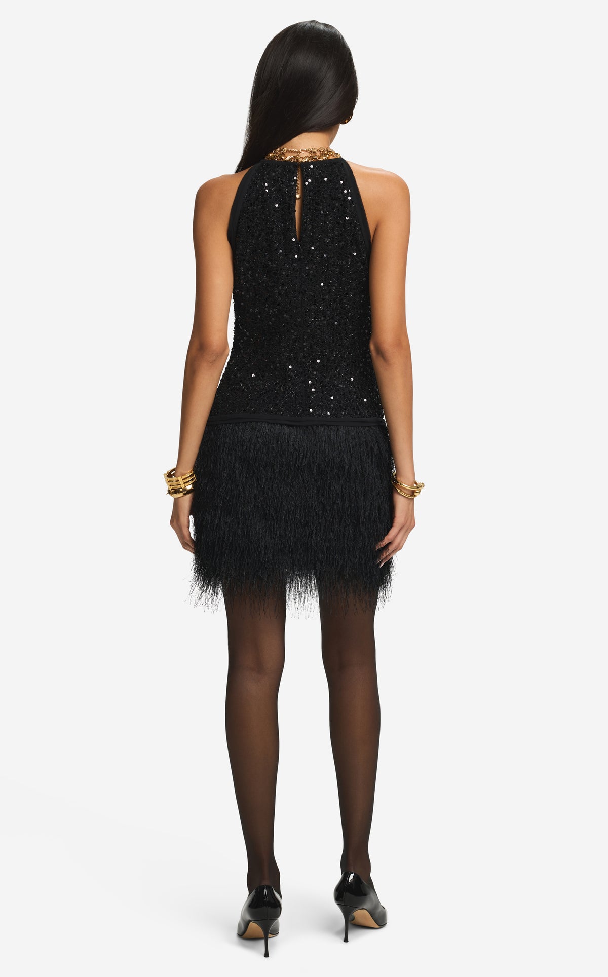 Short Dress in Sequin Tweed & Fringe