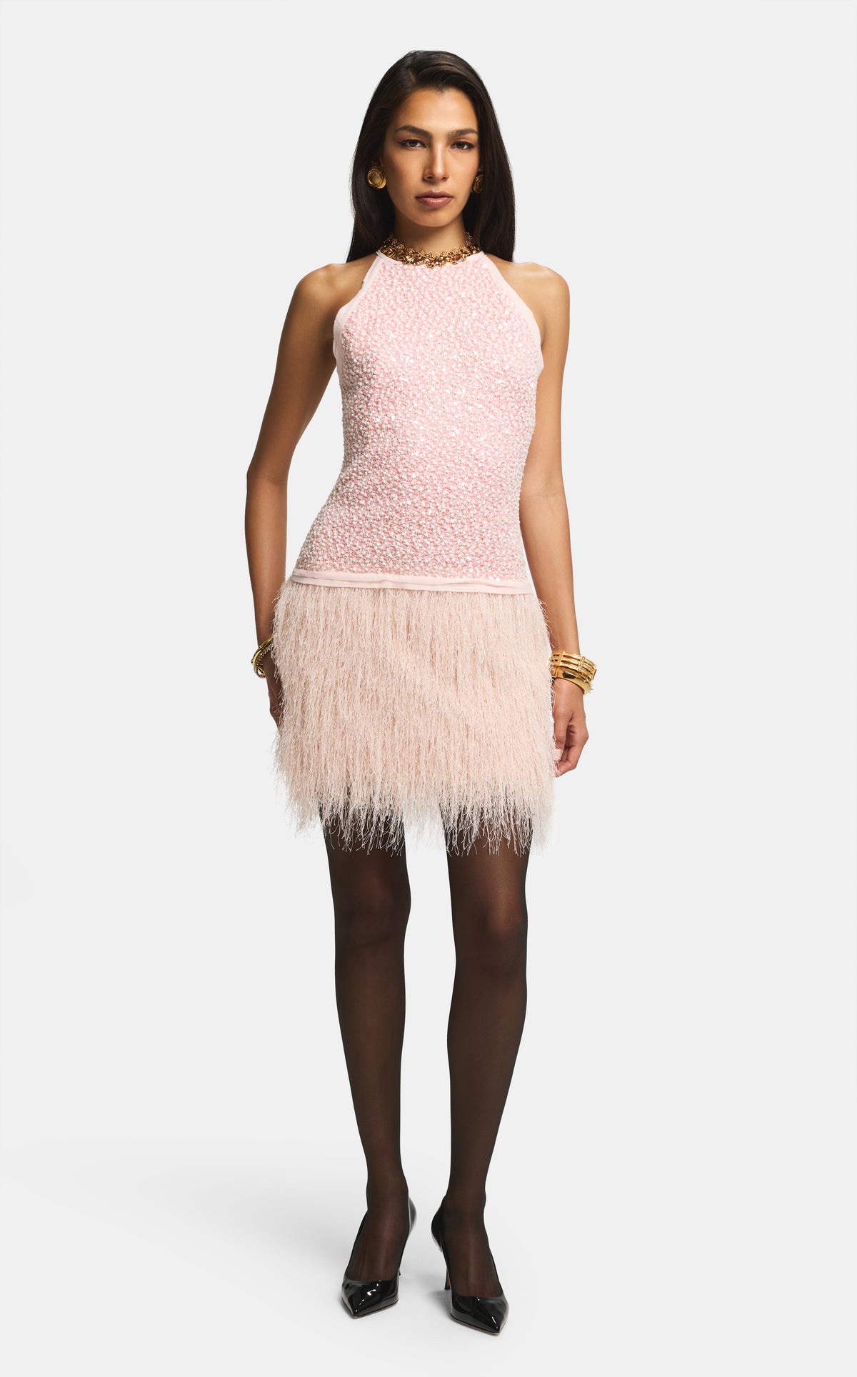 Short Dress in Sequin Tweed & Fringe