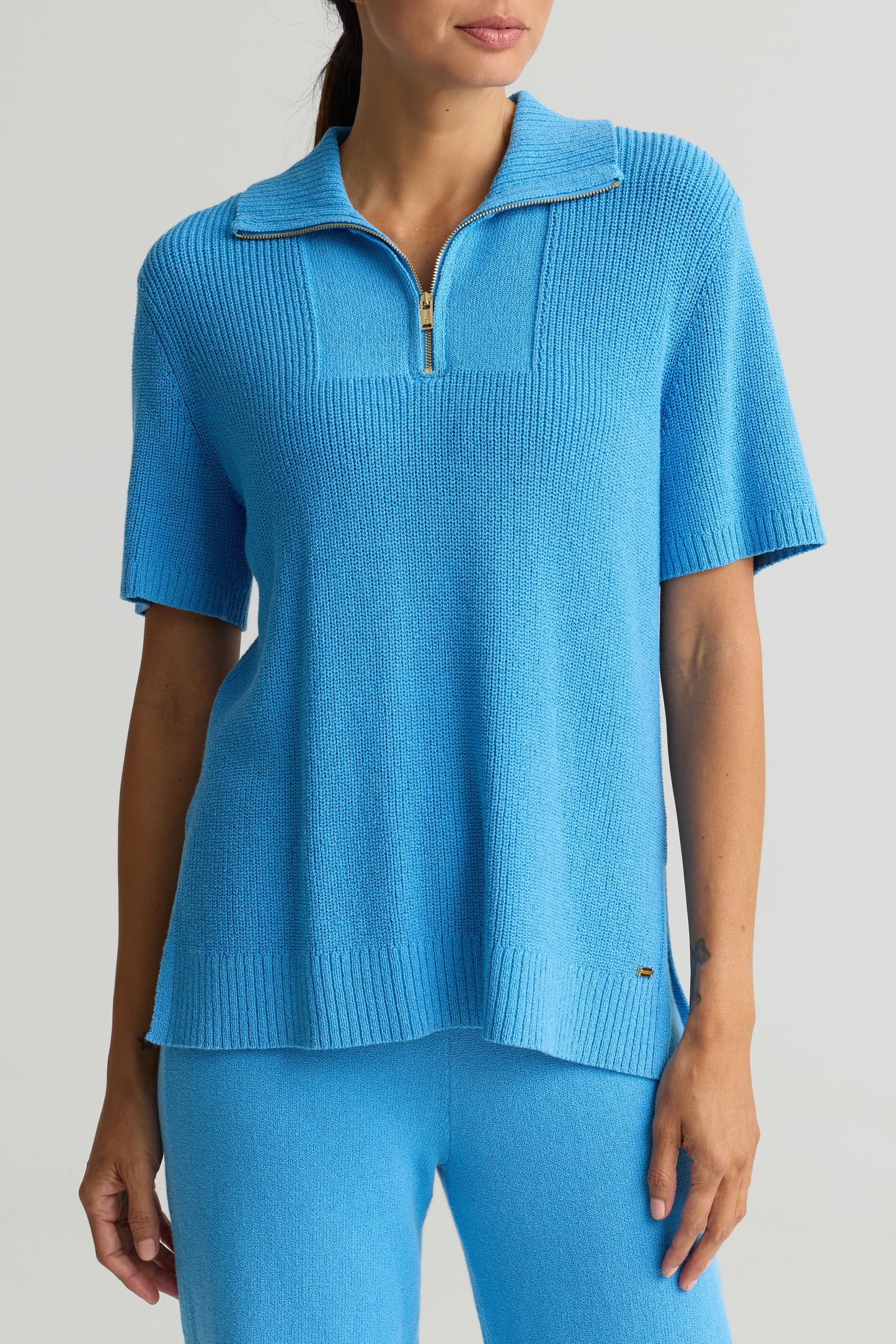 Stretch Cotton Knit Zip Neck Top