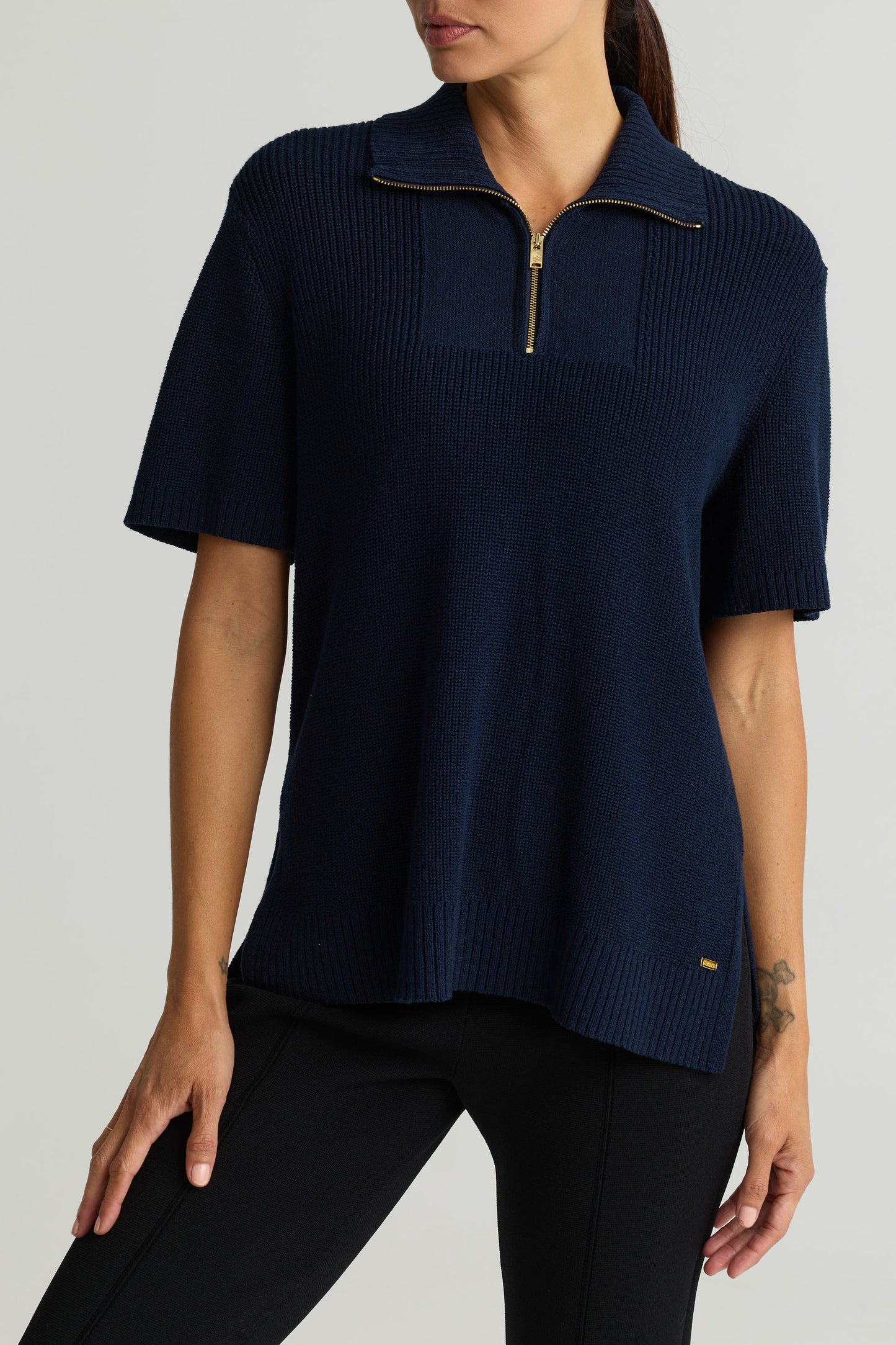 Stretch Cotton Knit Zip Collar Top