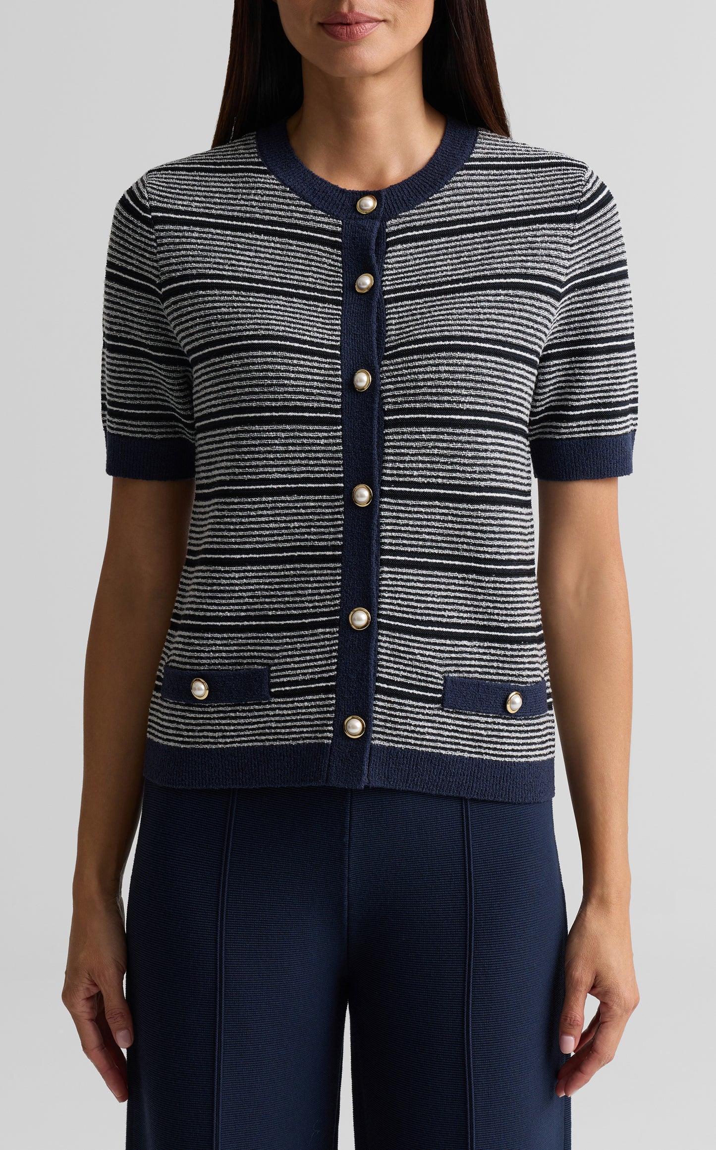Striped Short Sleeve Knit Cardigan