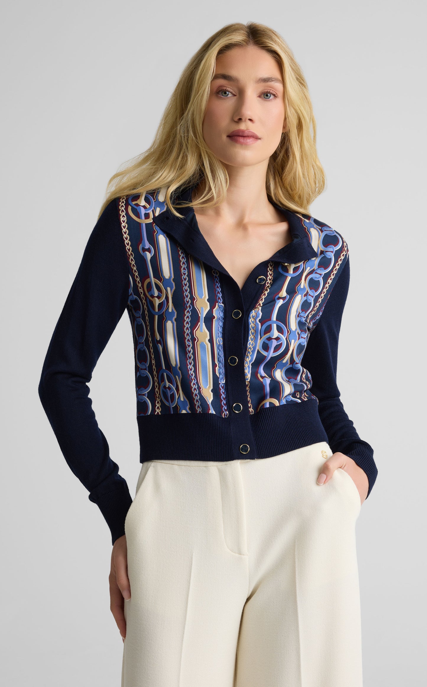 Cardigan In Merino Knit & Bridle Print