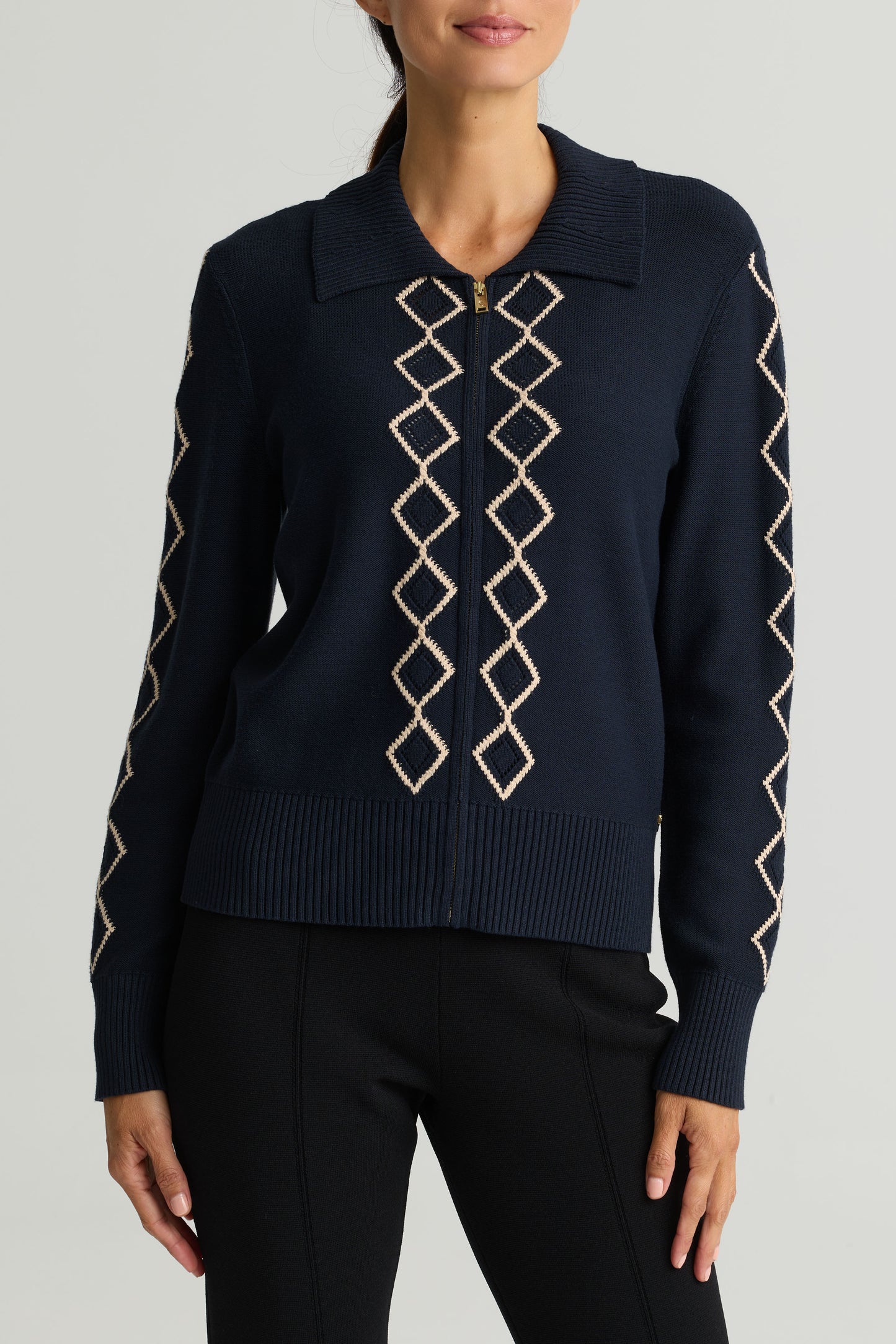 Diamond Motif Zip Front Knit Jacket