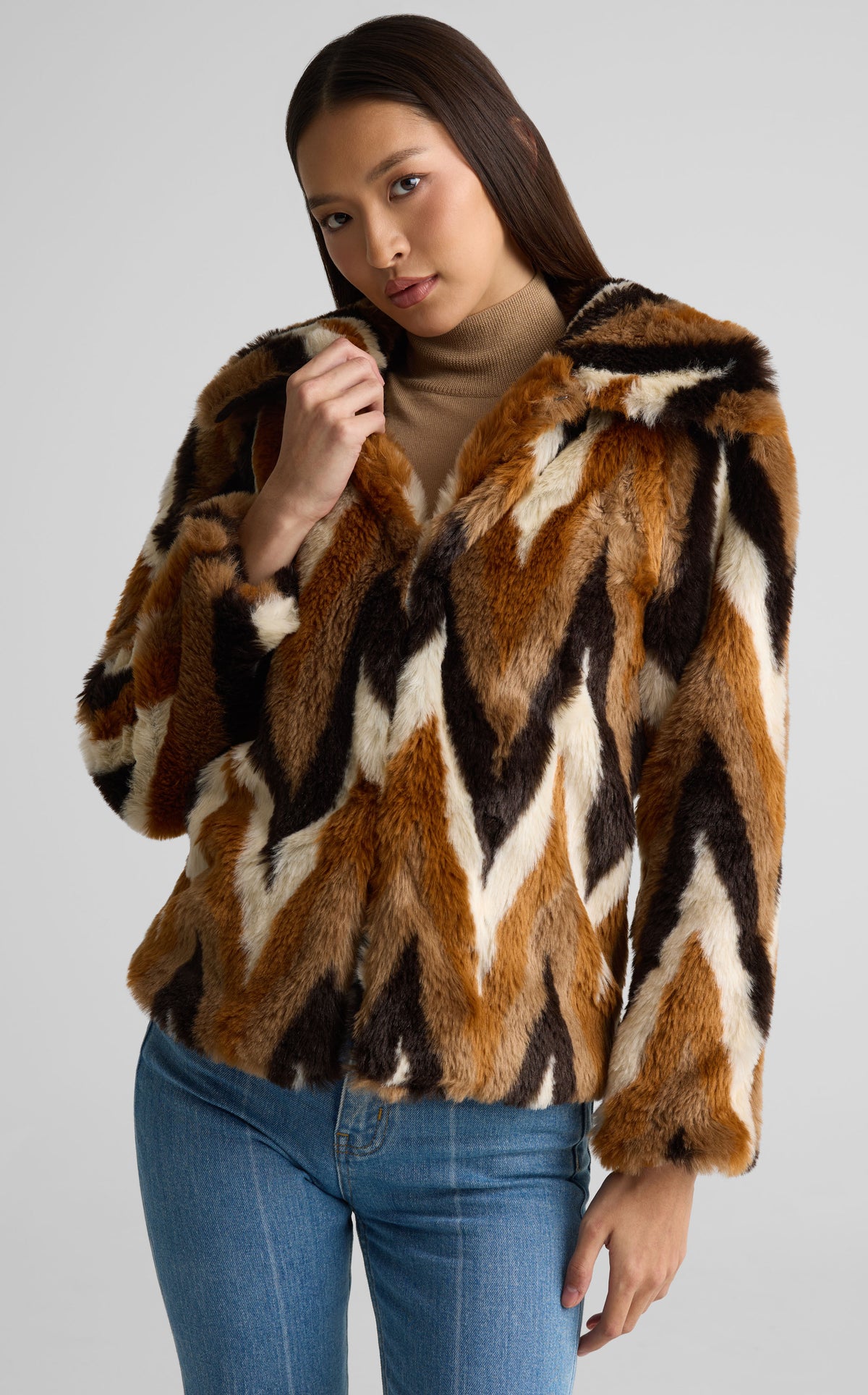 Jacket In Chevron Intarsia Faux Fur