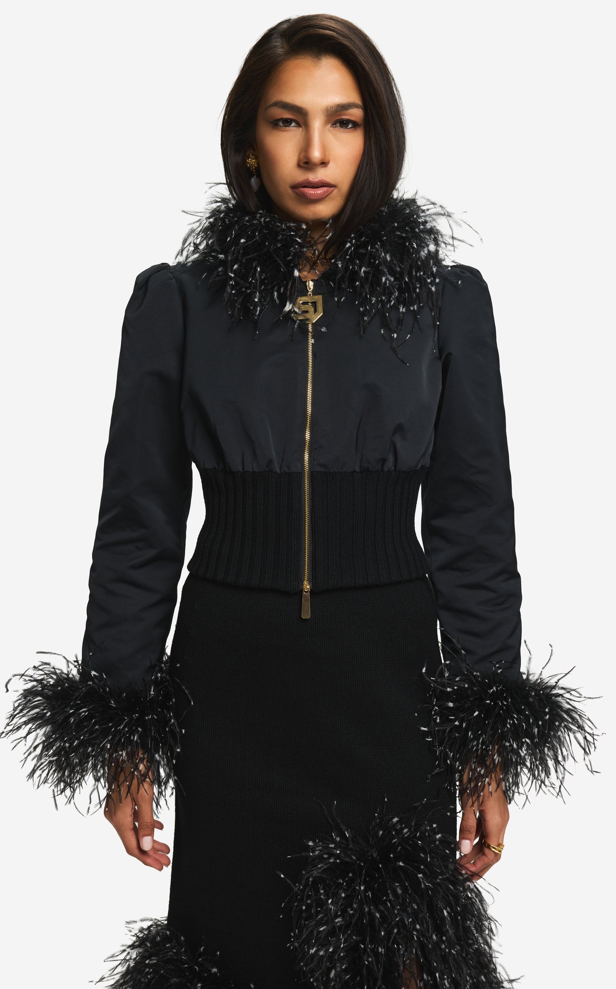 Jacket in Mixed Nylon Rib with Feathers