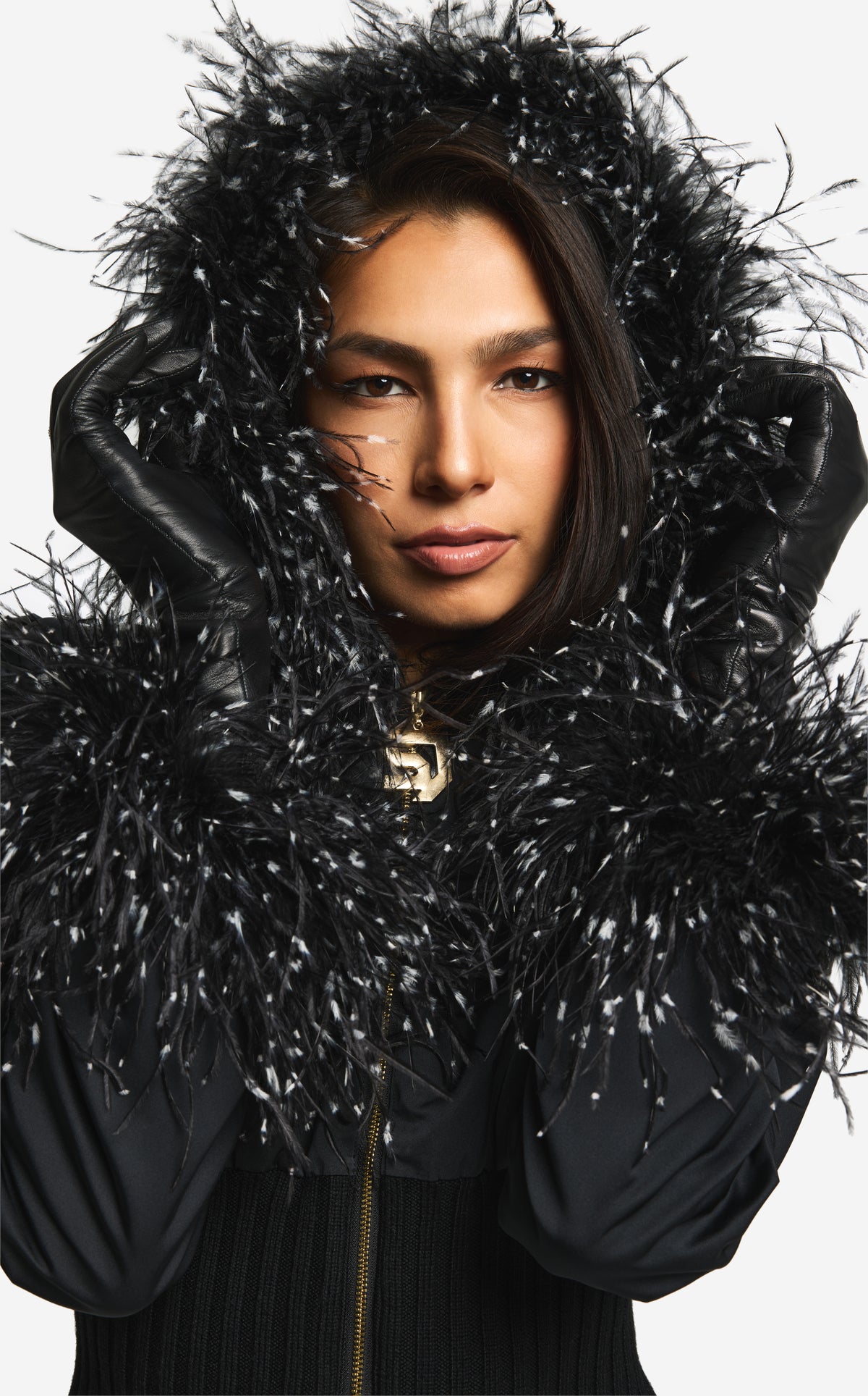 Jacket in Mixed Nylon Rib with Feathers