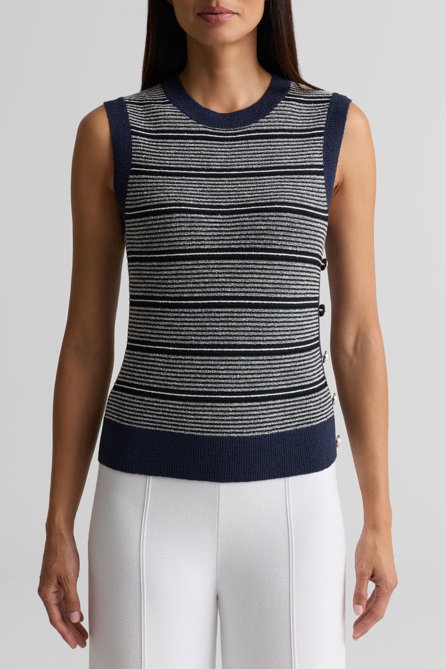 Striped Crewneck Side Button Knit Shell