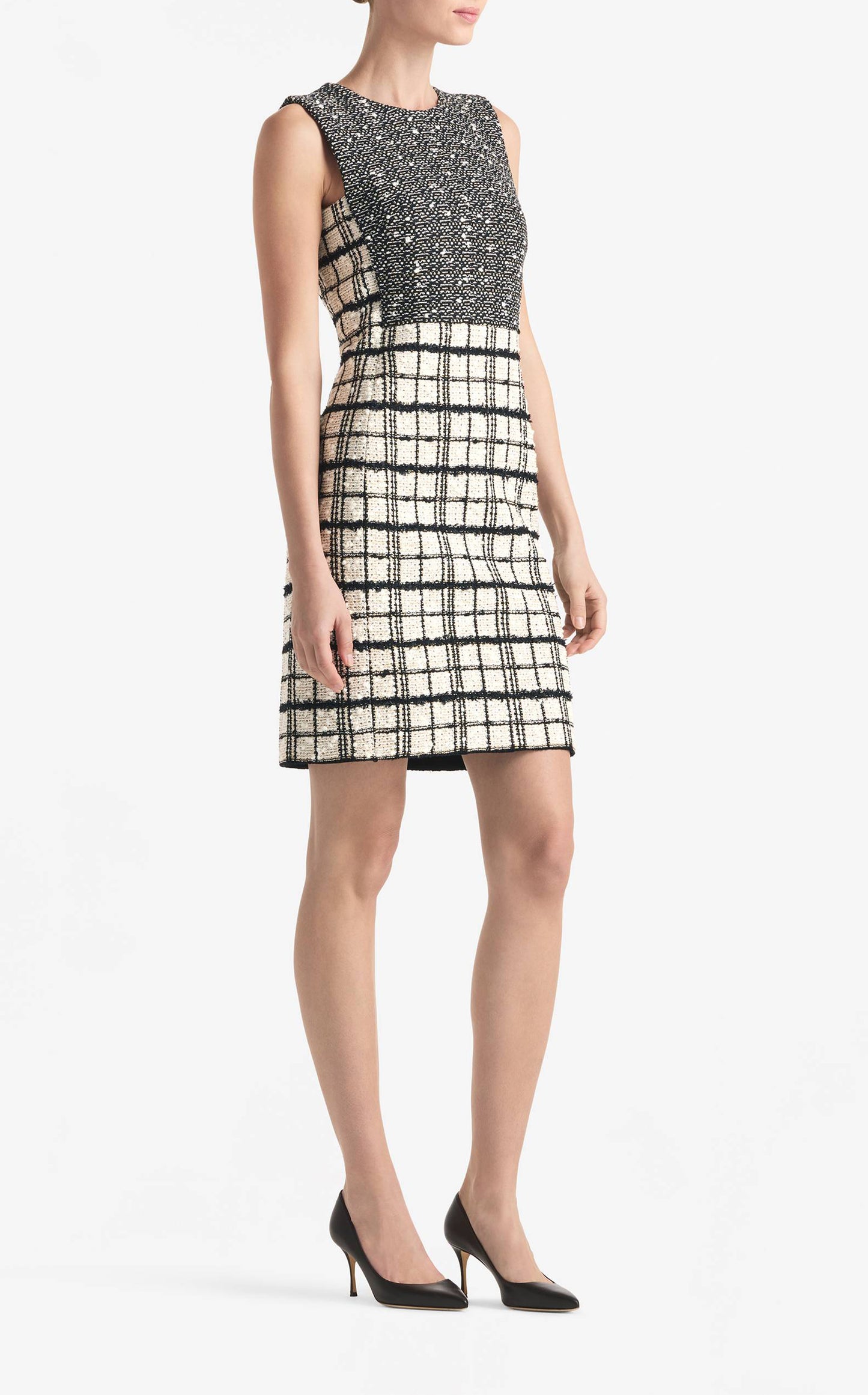 Multi Slub Plaid and Tweed Sleeveless Dress