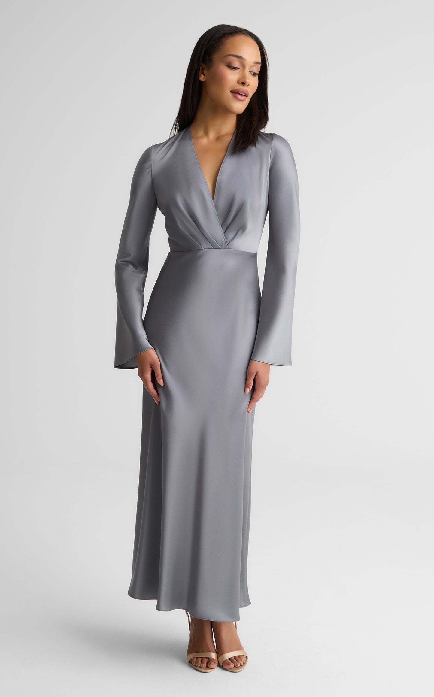 St. John Long Sleeve Satin V-Neck Dress In Gray St. John Long Sleeve Satin V-Neck Dress In Gray