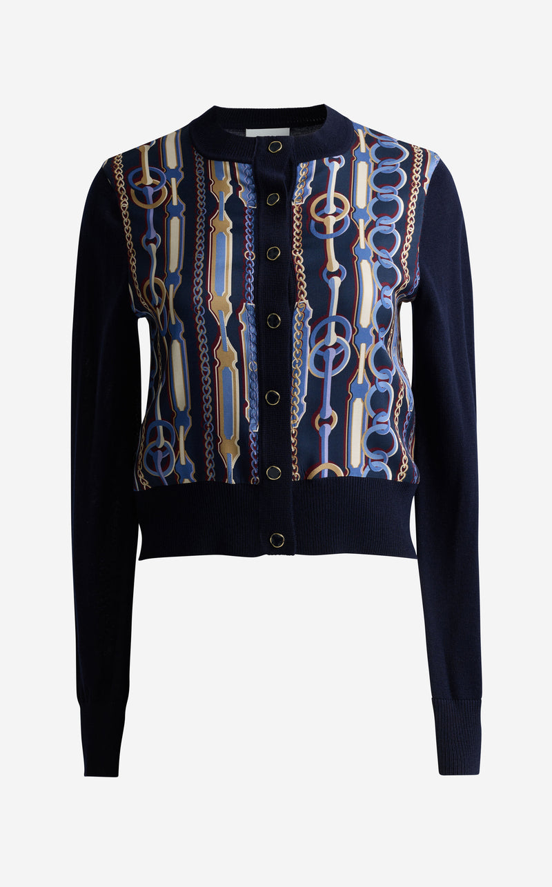 Cardigan In Merino Knit & Bridle Print