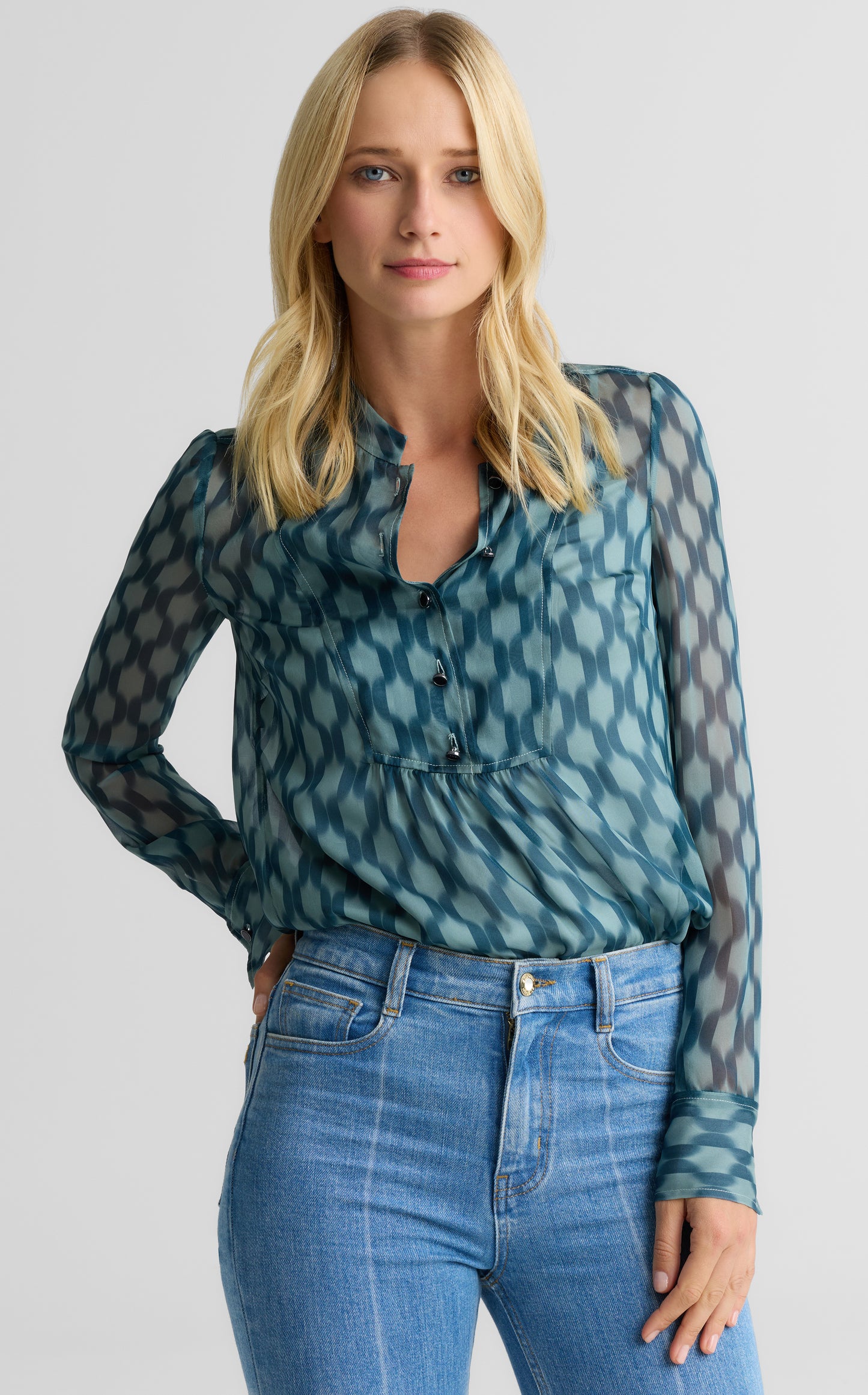 Hannah Pleat Front Blouse In Geometric Printed Silk