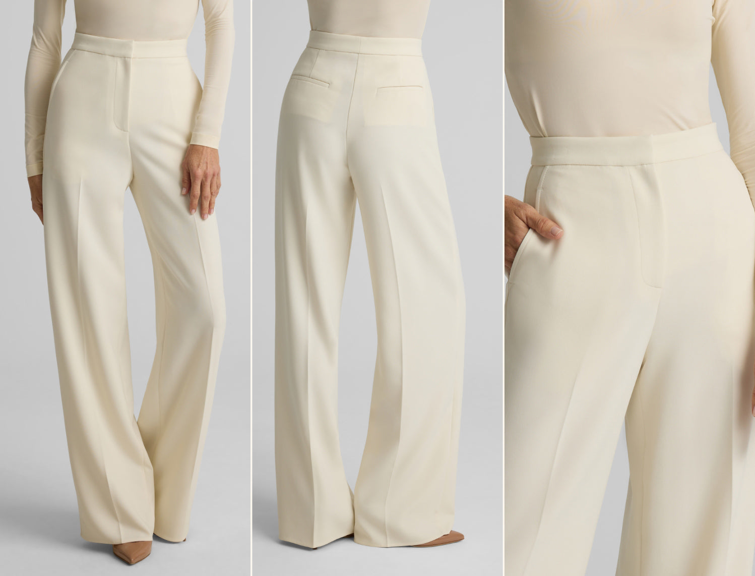 The maddie pants in Ecru shown three different views.