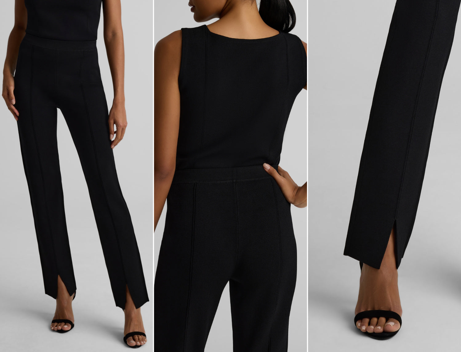 The Dani pants in black shown three different views