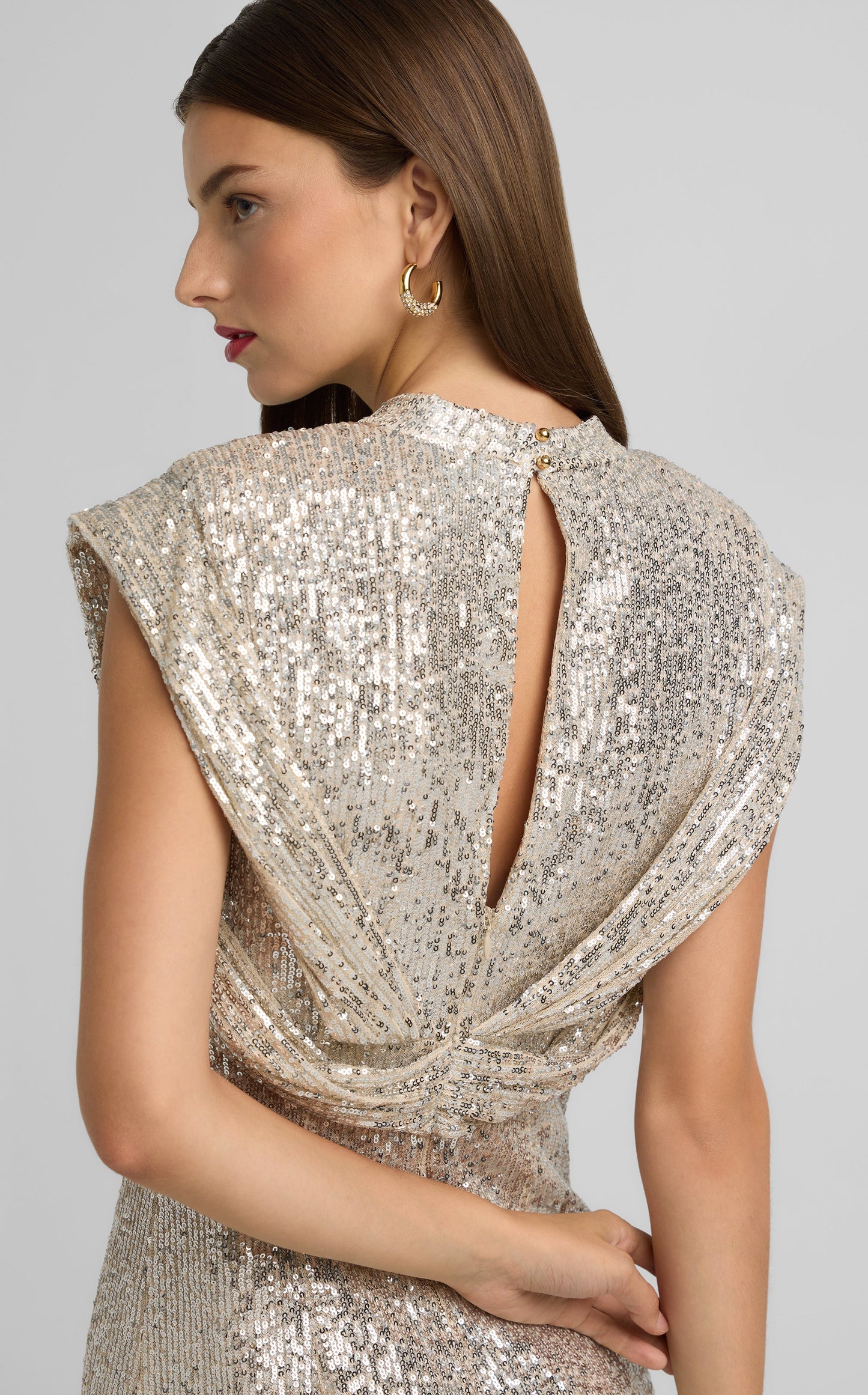 Cap Sleeve Sequin Draped Gown