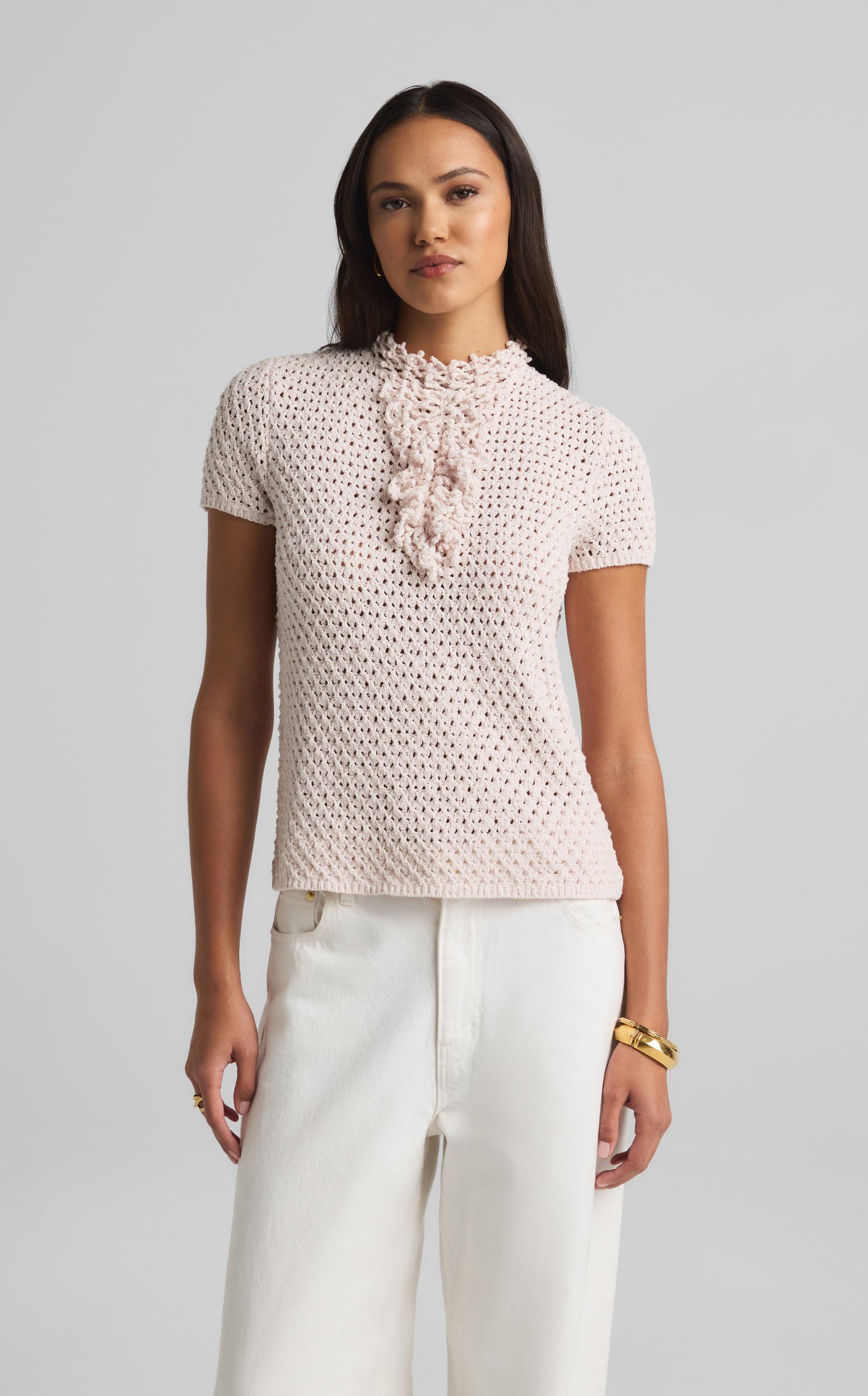 Ruffle Boucle Short Sleeve Top