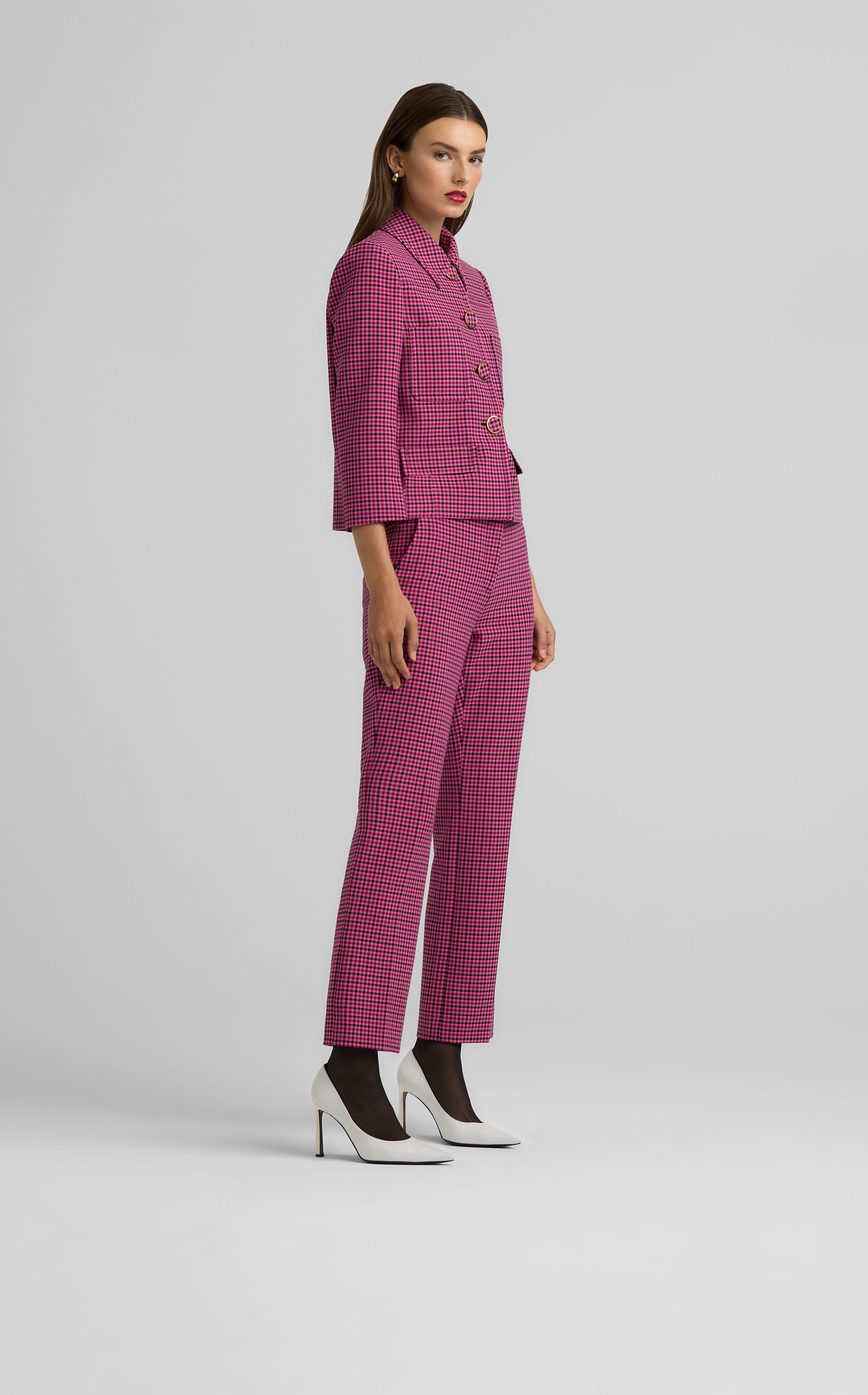 ジャケット・アウター stand collar midi coat muguet pink Mini Plaid Jacket – St. John Knits