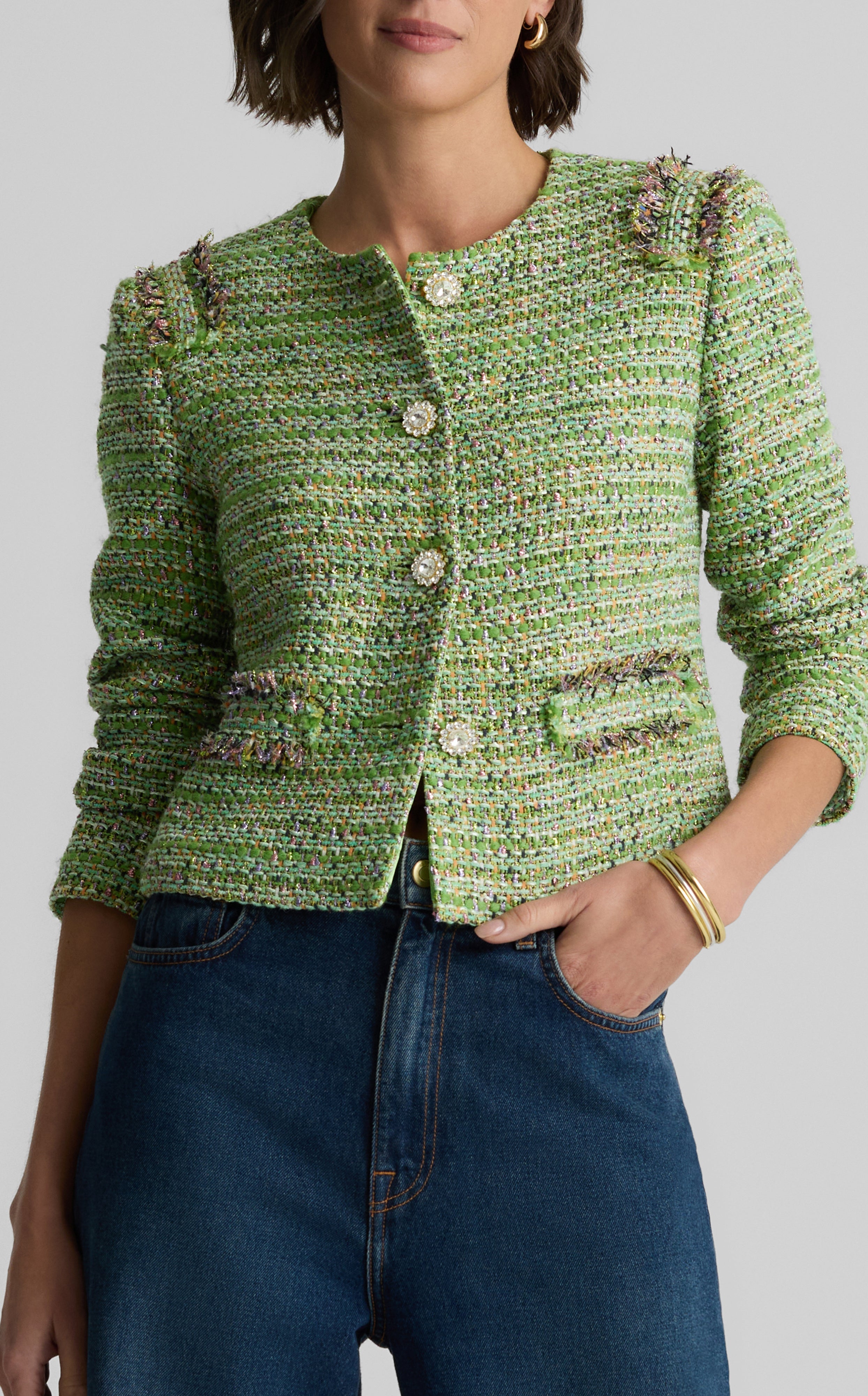 ジャケット・アウター mideal spring tweed over jacket gleen Chanel 1990 long jacket green tweed 40 US 8 vintage open