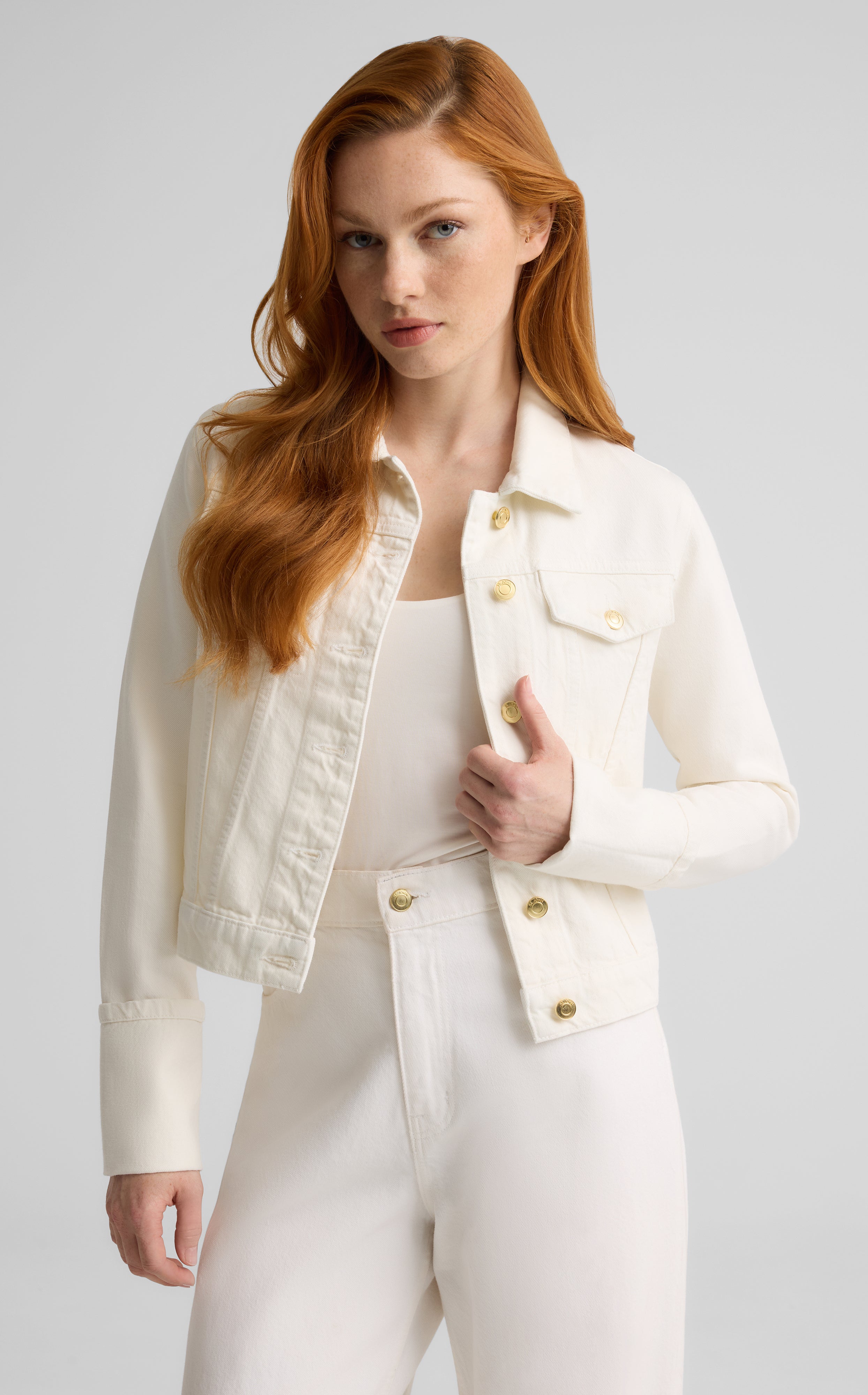 ジャケット・アウター gold button collarless denim jacket The Melrose Jean Jacket – St. John Knits