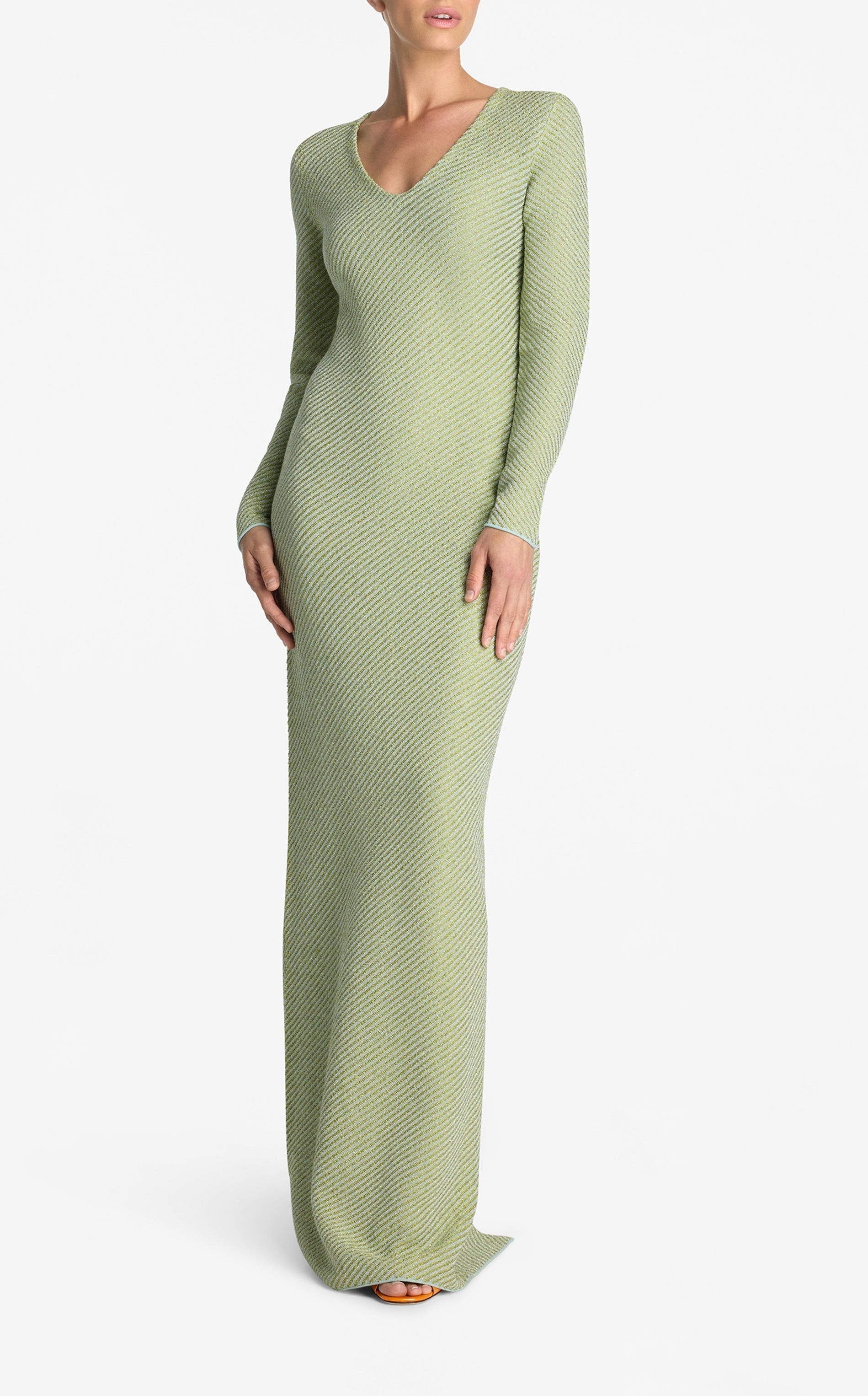 Sequin Stretch Twill Knit V-Neck Gown